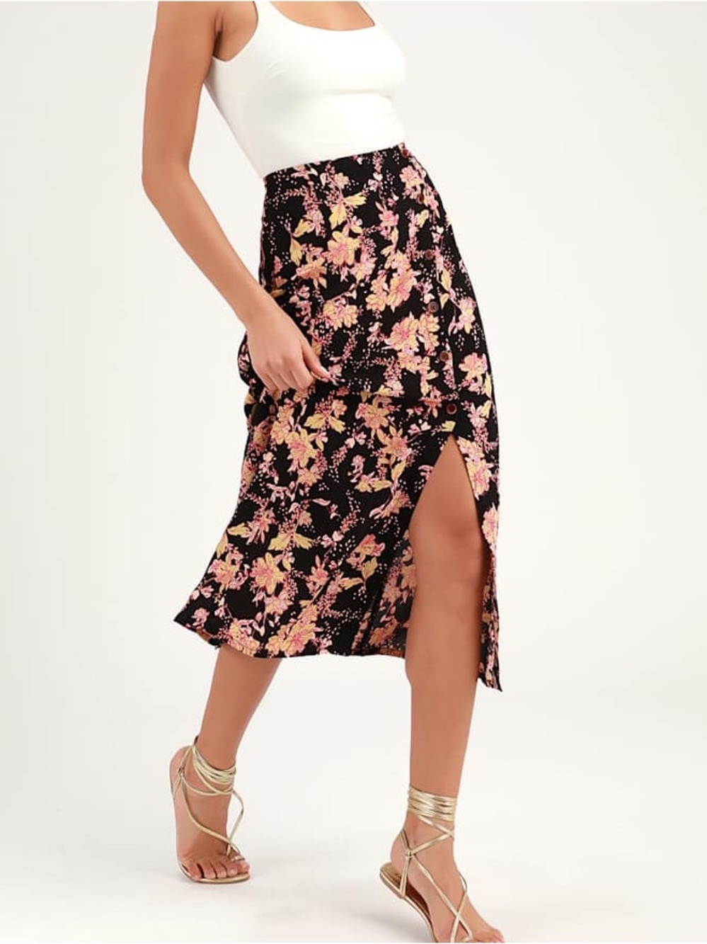 Free People Retro Love Black Floral Print Button Front Midi Skirt Size 4